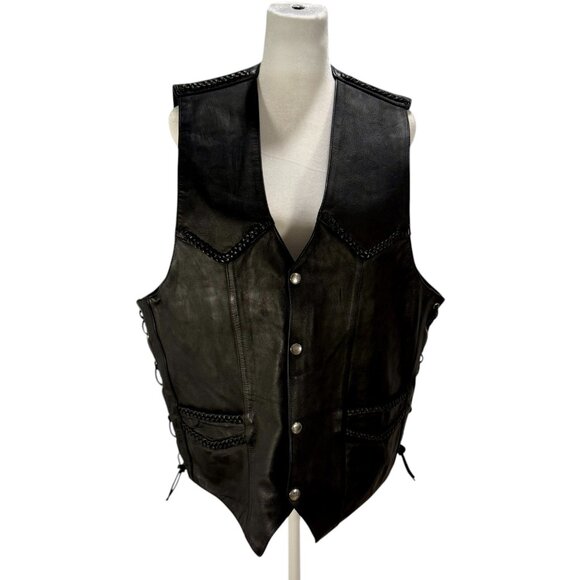 Black Leather Biker Vest with Braided Trim & Lace-Up Sides - Picture 2 of 7